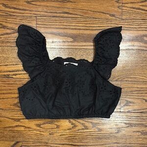 Rachel Parcell Black Flutter Sleeve Ruffled Crop Top